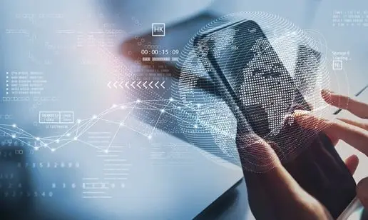 Hands using a smartphone with a digital globe and data streams overlay.