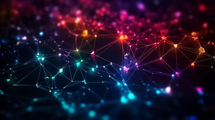 A vibrant digital network of glowing multi-colored nodes connected by thin lines against a dark background.