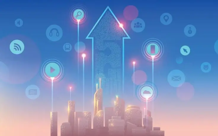 A glowing city skyline at sunrise with a large upward arrow containing 5G text and floating technology icons.