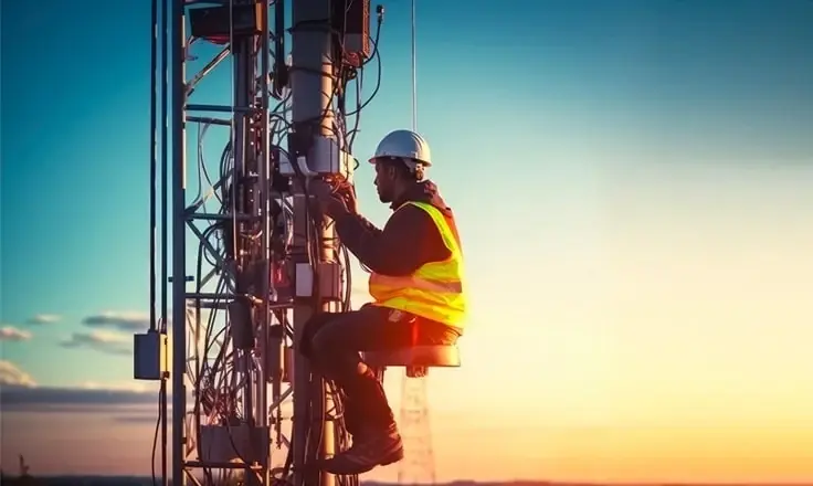 A worker in a white hard hat and yellow safety vest is climbing and working on a metal telecommunications tower at sunset.