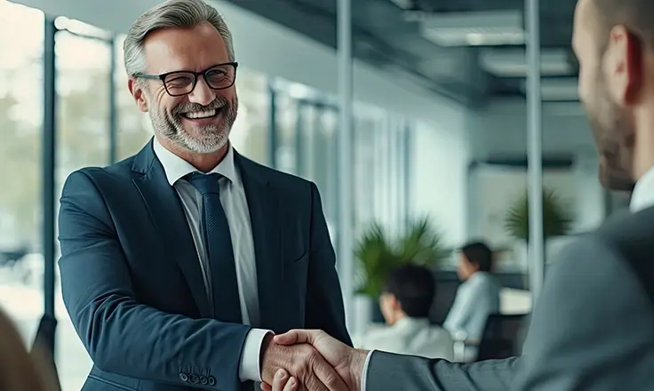A businessman in a dark suit smiles broadly and shakes hands with another man in an office.