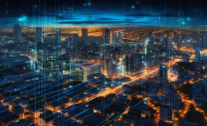 A sprawling city skyline at night, overlaid with glowing digital blue lines and stars.