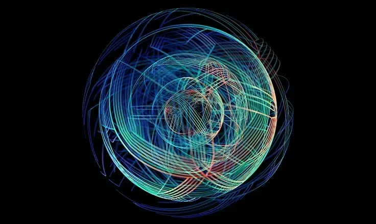 An abstract, digital representation of data flow in a complex global network.