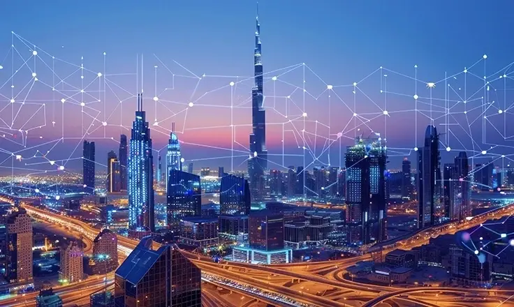 Aerial night view of the Dubai skyline overlaid with white and blue network lines and data points.