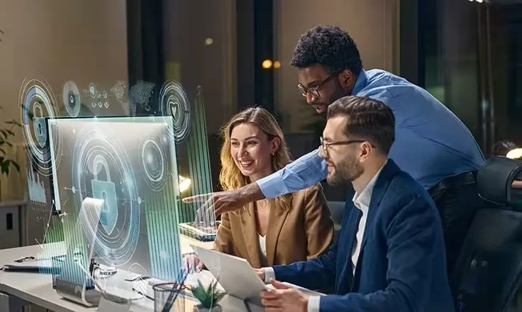 Three professionals look at a monitor with a glowing lock icon and holographic charts in a dark office at night.