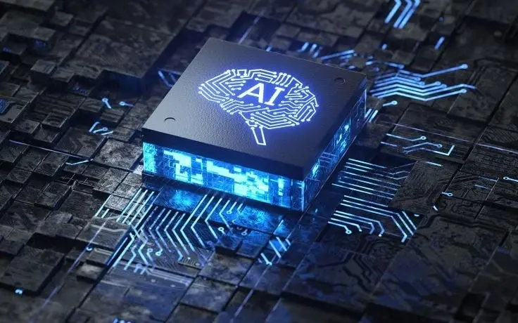 A high-tech computer chip with a glowing blue brain icon and "AI" text, centered on a futuristic circuit board.