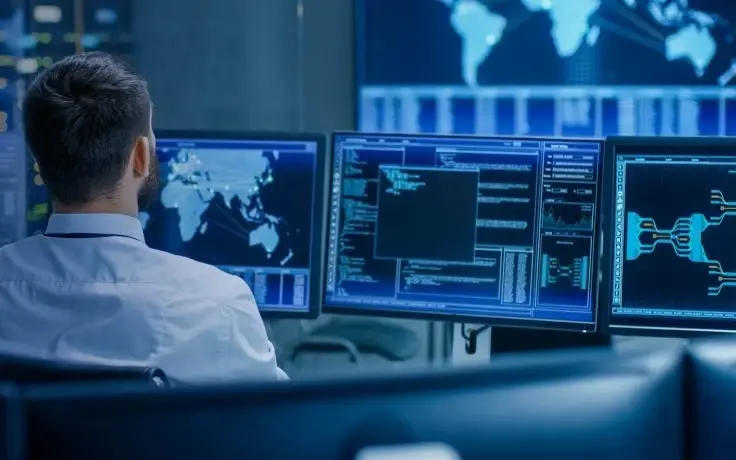 A man from behind in a white shirt looks at three monitors displaying code, charts, and maps.