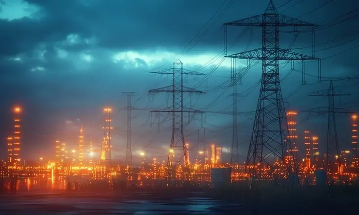 High-voltage power lines and towers stand over a glowing industrial landscape at night under a dark, cloudy sky.
