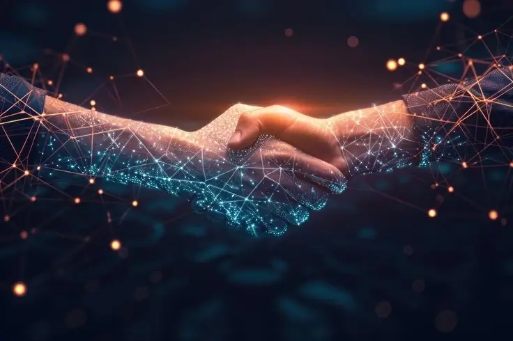 A handshake between two hands covered in glowing blue and orange digital network patterns and connected nodes.