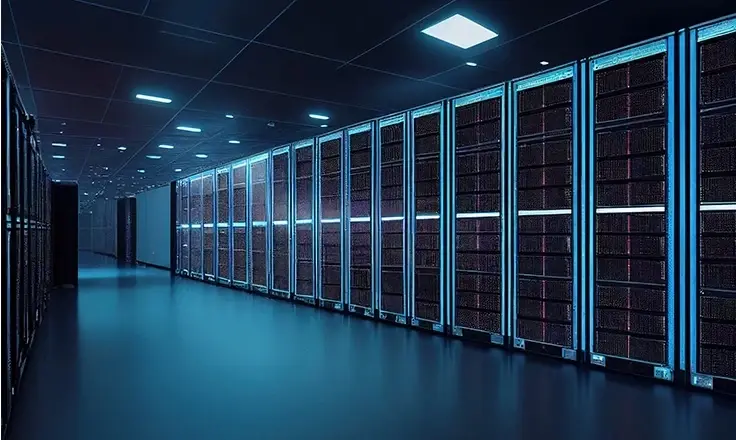 A long hallway in a dark data center filled with rows of server racks illuminated by blue lights.