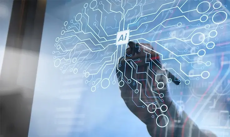A hand uses a stylus on a glass surface displaying a glowing blue circuit board brain with an "AI" chip in the center.