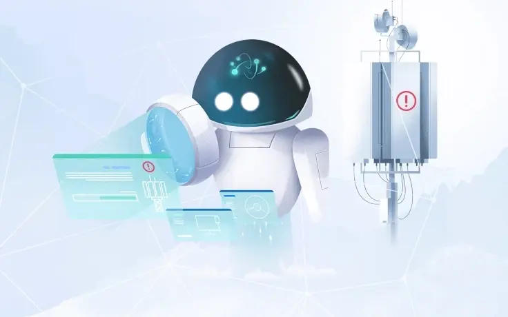An illustration of a small white robot with glowing eyes examining digital data screens next to a cell tower with an error icon.