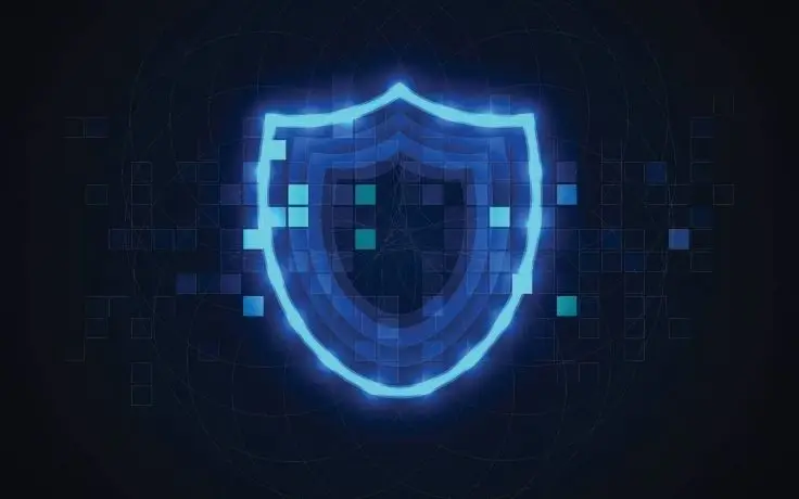 A glowing blue shield icon composed of digital pixels and lines against a dark background with faint geometric patterns.