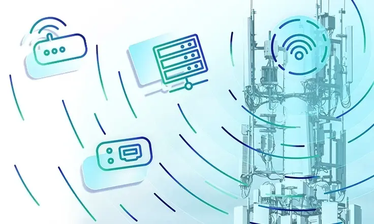 An illustration of a telecommunications tower next to icons of a Wi-Fi router, a server, and a hardware port.