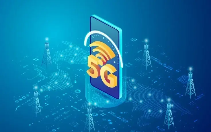 An isometric illustration of a smartphone with a 5G logo, surrounded by signal towers over a dotted map.