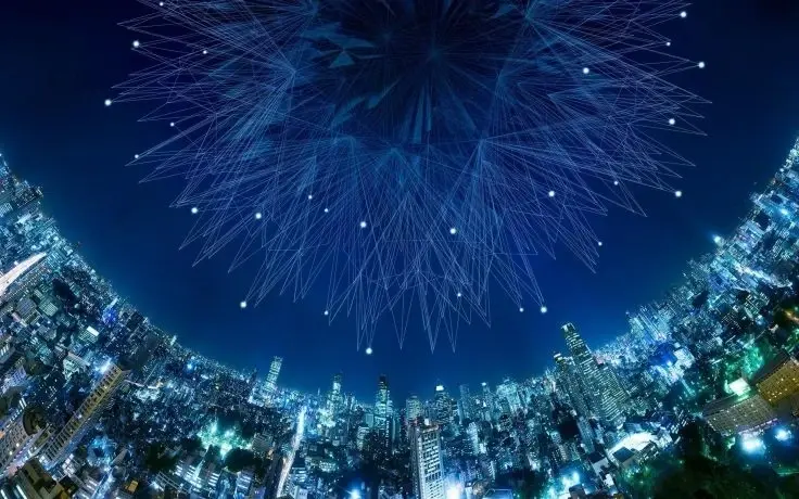 A fisheye view of a night cityscape overlaid with a large, intricate geometric network of blue lines and glowing nodes.