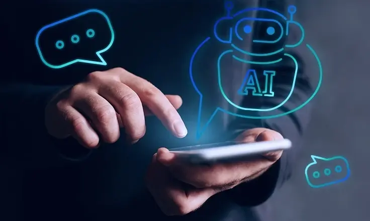 Hands interacting with a smartphone screen under glowing icons of a chatbot, the letters AI, and speech bubbles.