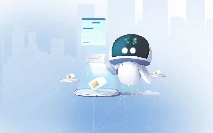 Digital illustration of a small white robot floating next to SIM cards on glowing platforms against a city background.
