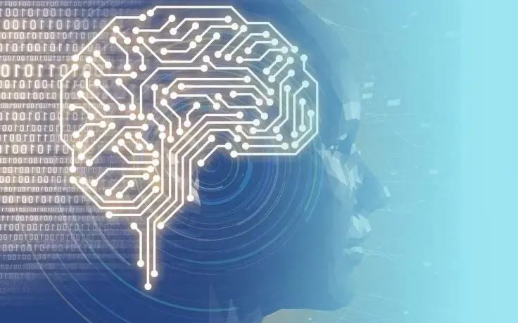 A profile of a human face overlaid with a white circuit board brain, binary code, and blue concentric circles.