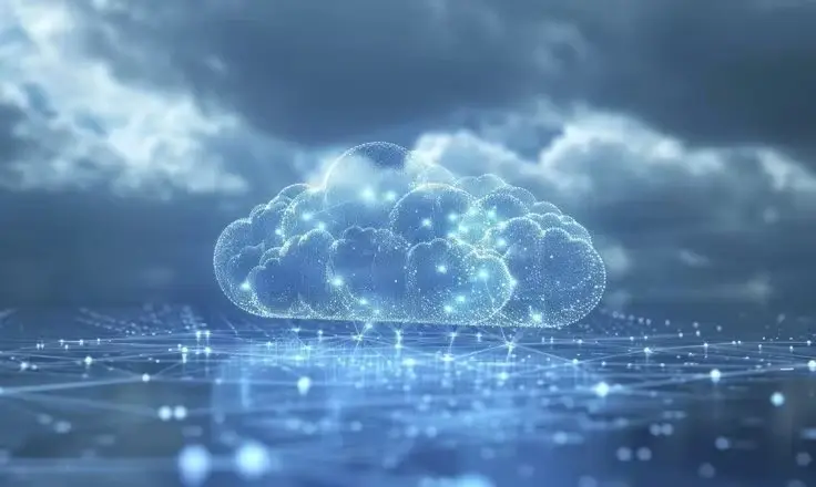 A glowing digital cloud made of particles floats above a connected network of lines against a dark, cloudy sky.