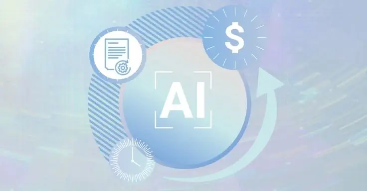 A graphic featuring "AI" in a circle surrounded by icons of a document with gears, a dollar sign, and a clock.