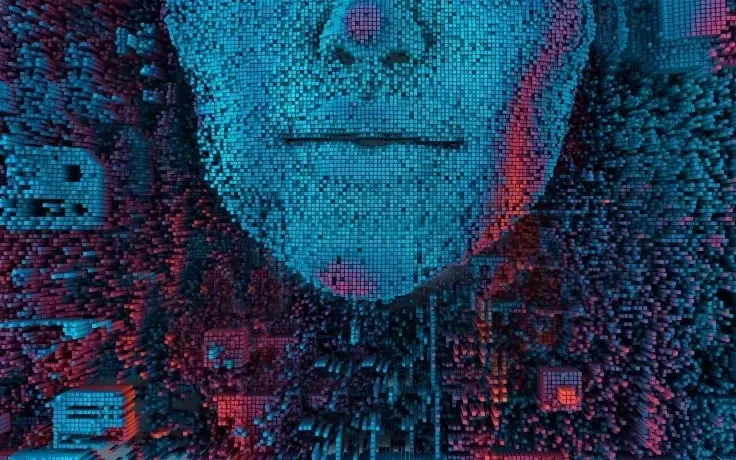 A close-up digital rendering of a face made of tiny blue and red 3D blocks and pixelated cubes.