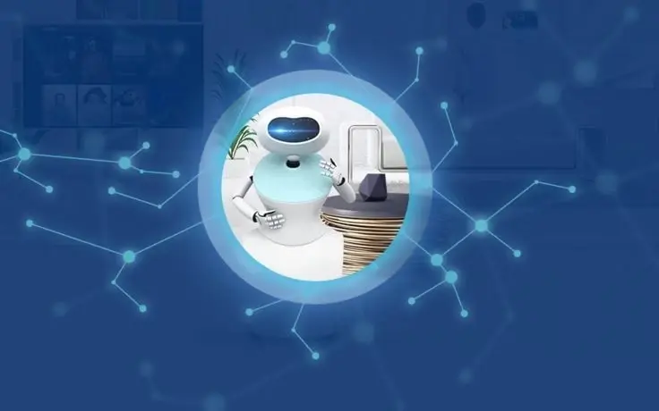 A white humanoid robot inside a circular frame surrounded by a blue background with glowing network nodes and lines.