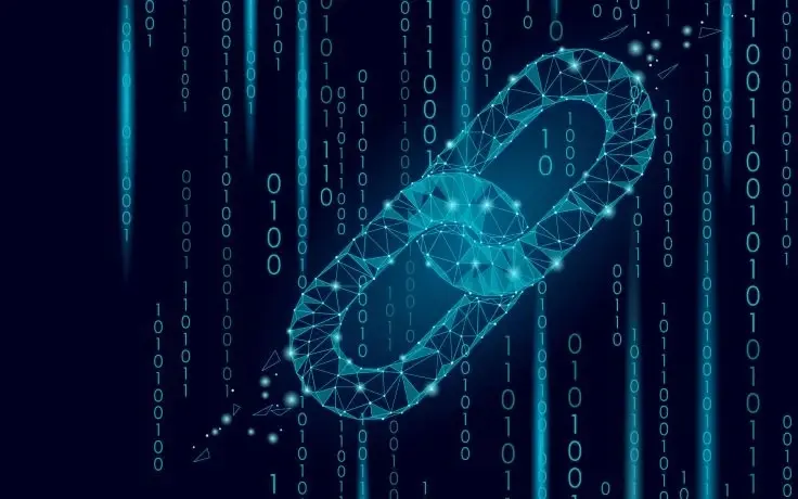 A glowing blue wireframe chain link floats in front of falling binary code on a dark background.