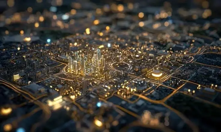 An aerial view of a glowing digital 3D city model with illuminated yellow lights and connected transportation lines.