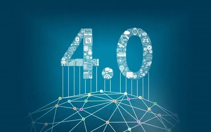 The numbers 4.0 made of various technology icons connected by vertical lines to a glowing geometric globe.