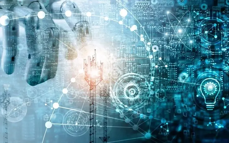 Digital art showing a robotic hand, cell towers, and lightbulb icons over circuit board patterns and glowing data nodes.