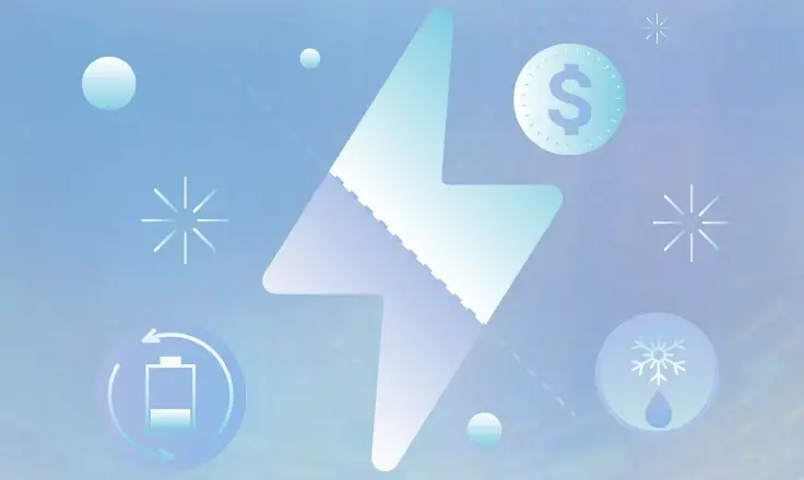 Graphic with a large lightning bolt, a dollar sign coin, a battery with a refresh arrow, and a snowflake icon.