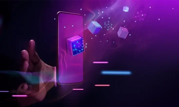 A hand held near a vertical smartphone as glowing purple and blue 3D cubes float out from the screen into dark space.