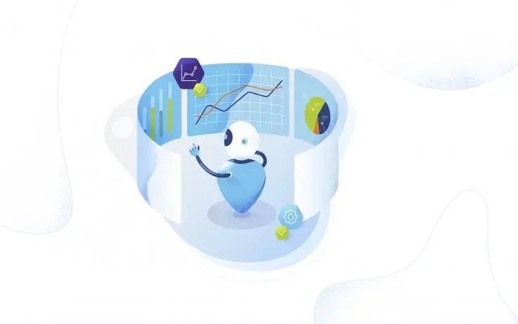An isometric illustration of a small blue robot interacting with floating digital screens showing graphs and charts.