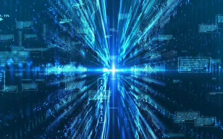 A digital blue abstract tunnel of glowing light, streaming data particles, and floating information panels.