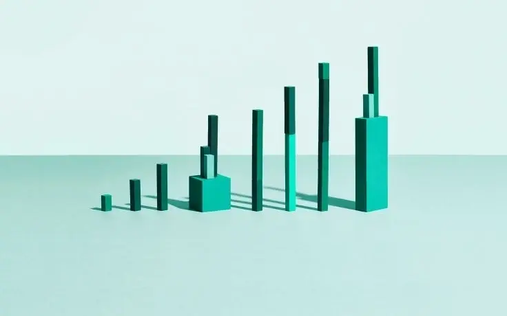 A bar graph made of physical teal and dark green rectangular blocks of varying heights arranged in an ascending pattern.
