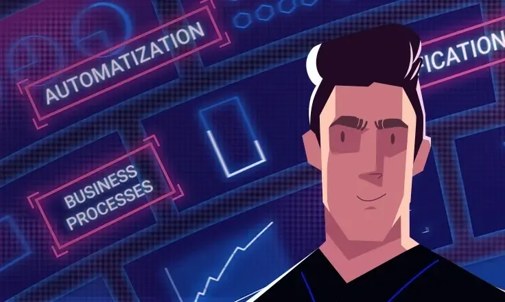 Digital illustration of a man’s face in front of text boxes for "Automatization" and "Business Processes" on a blue screen.