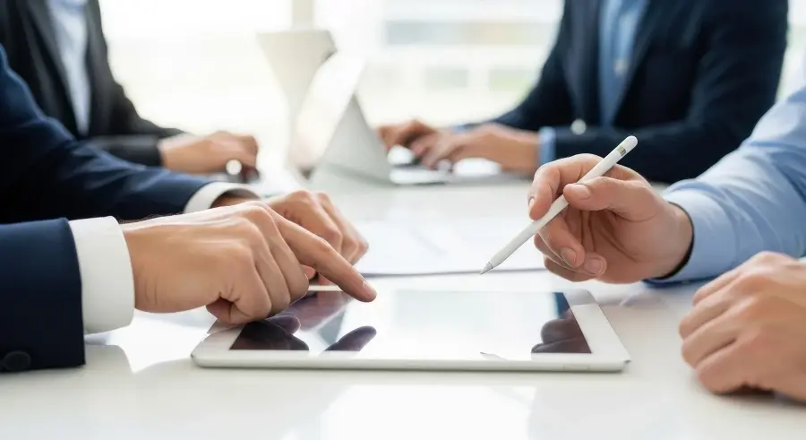 Business professionals in suits collaborating around a white tablet and stylus.
