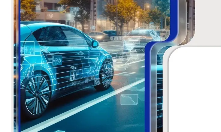 A blue car on a city street with a glowing white digital wireframe overlay showing internal components and data.