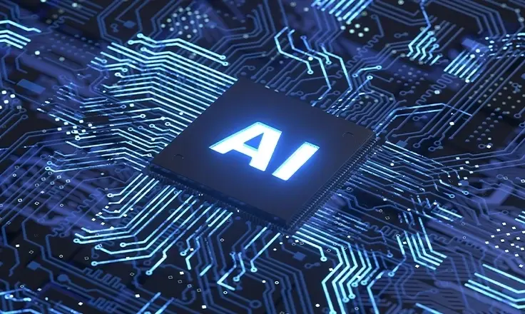 A dark chip with a glowing blue "AI" logo centered on a detailed blue circuit board.