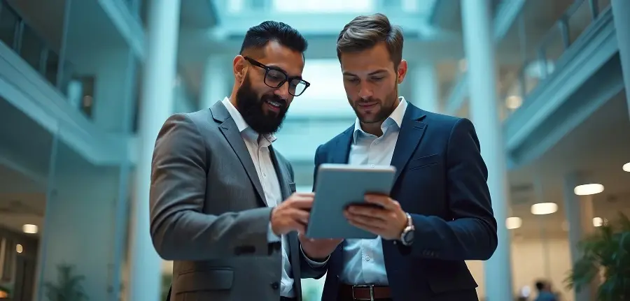 Two business professionals in suits standing in a modern office atrium, looking at a tablet.