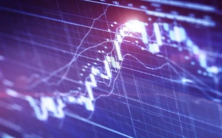 A digital stock market chart with glowing lines and data points on a purple and blue grid background.