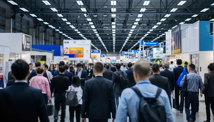 A view from behind a large crowd of people walking through a well-lit convention center or trade show with many booths.