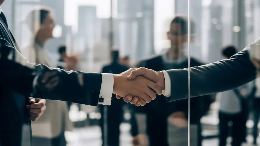 Close-up business handshake in a bright office, sealing a deal with blurry colleagues in background.