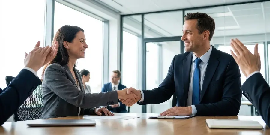 Smiling man and woman in suits shake hands over a table while colleagues clap in a bright office.