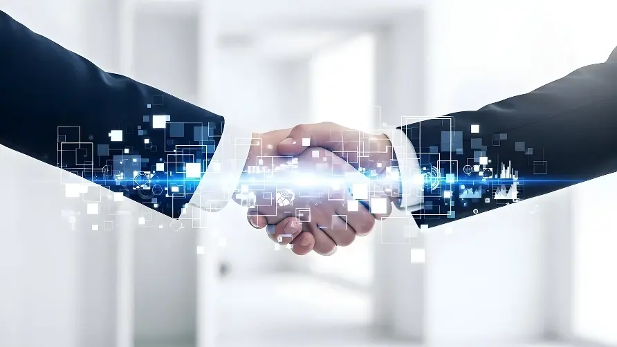 Two businessmen shaking hands, overlaid with a burst of glowing blue light and digital data squares.
