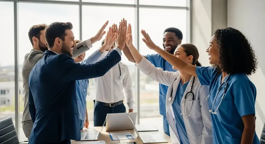 Smiling medical professionals in scrubs and white coats giving high fives around a table in a bright office.