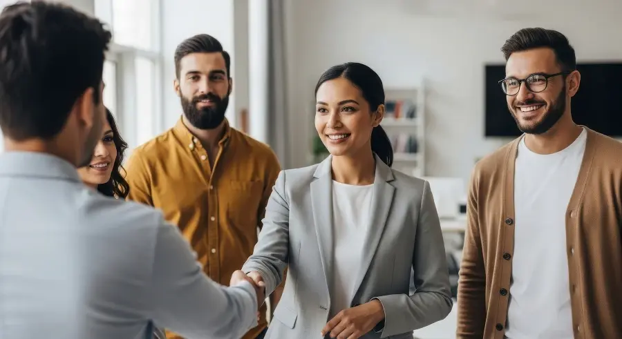 A group of four professionals in a bright office, with a woman in a blazer shaking hands with a man whose back is to the camera.