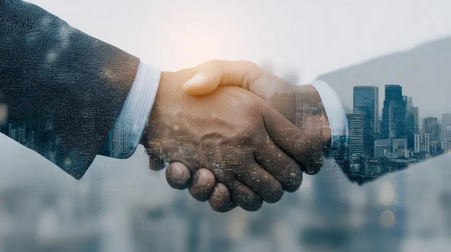 Double exposure of a handshake with two diverse men in business attire, layered over a city skyline.