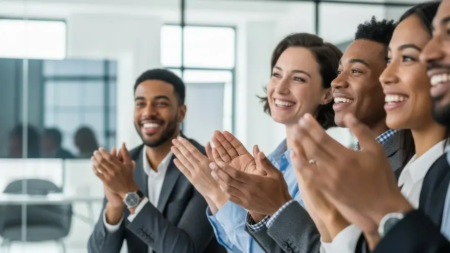Office workers in a modern office setting, smiling and clapping their hands during a presentation to celebrate a success.
